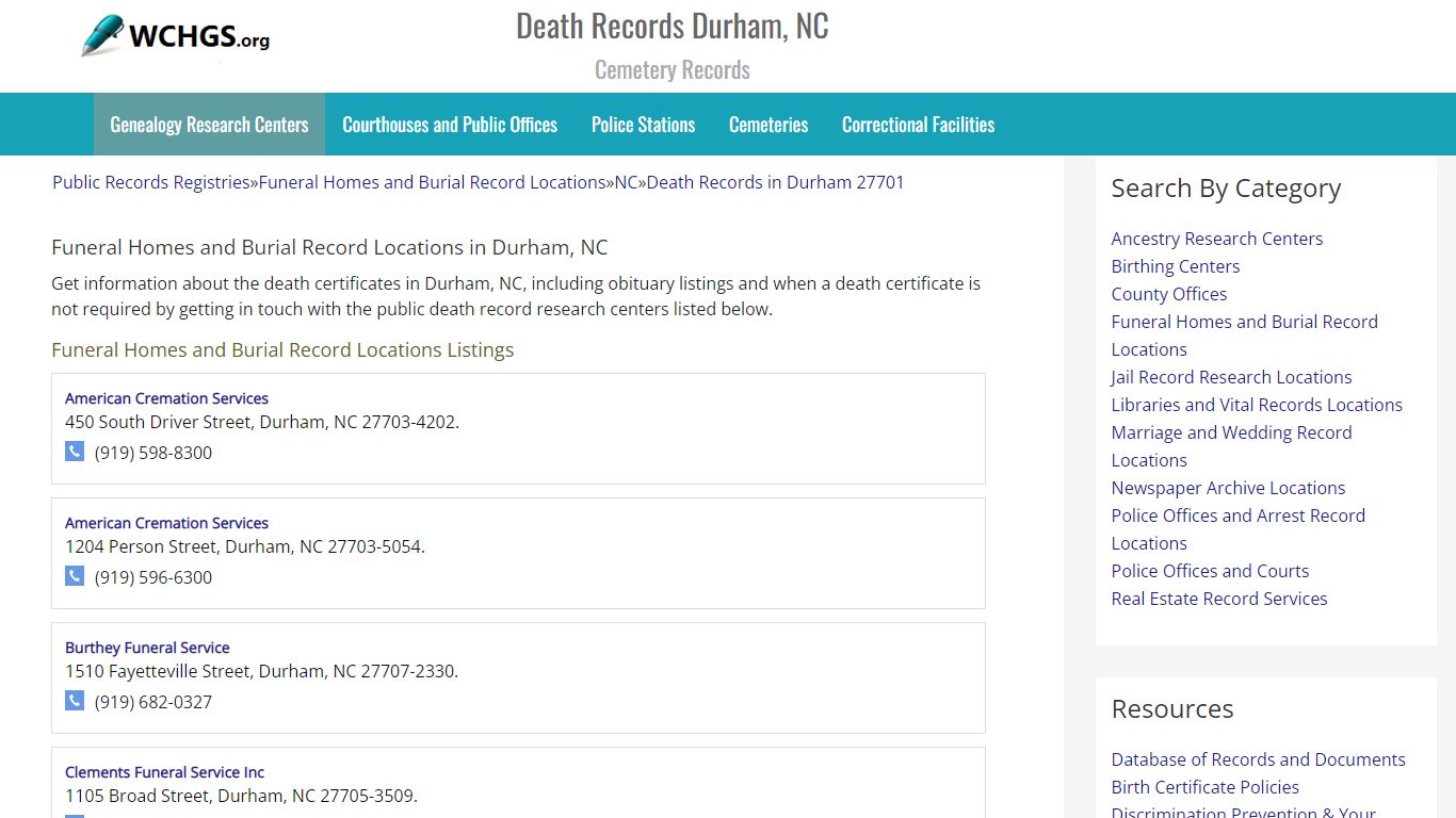 Death Records Durham, NC - Cemetery Records - WCHGS.org