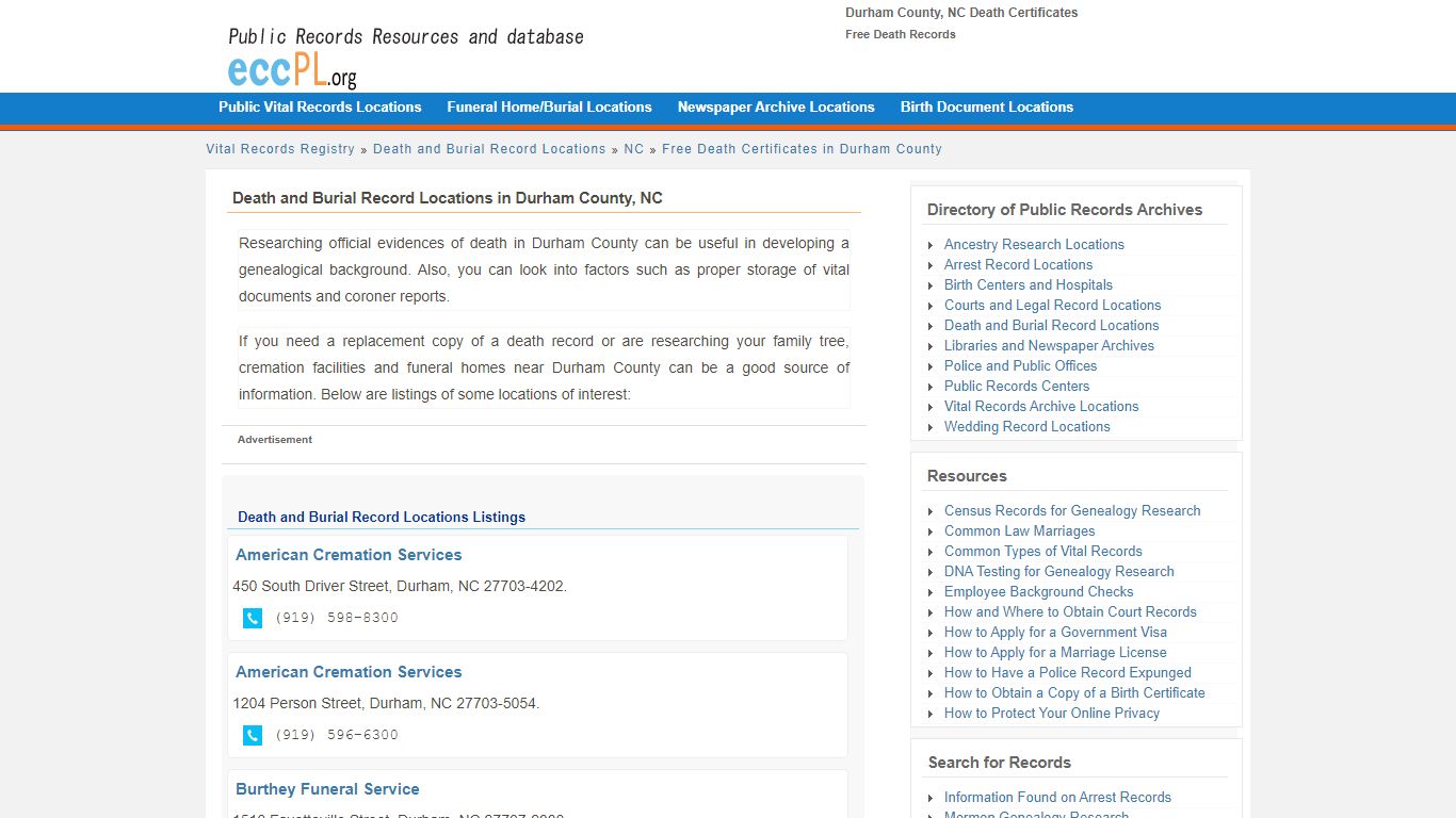 Durham County, NC Death Certificates - Free Death Records - EccPL.org